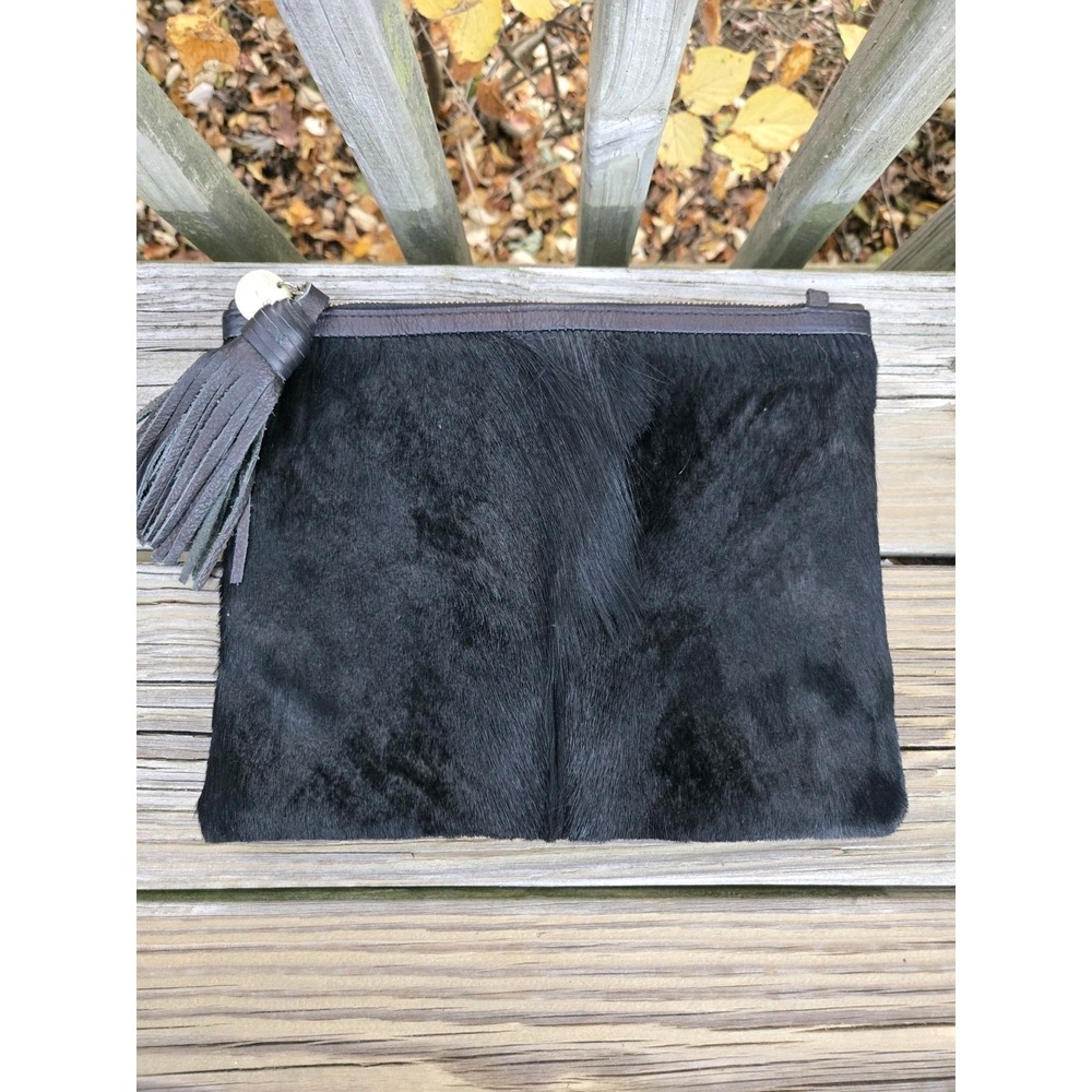 VASH‎ Black Calf Hair Leather Purse Clutch Bag Black Fringe